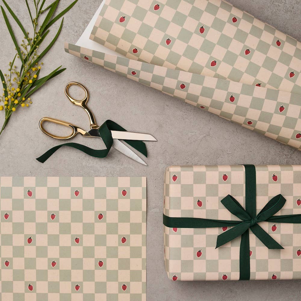 STRAWBERRY CHEQUERED WRAPPING PAPER | 3 SHEETS ROLLED - OTHERLETTERS