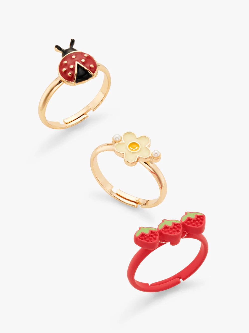 STRAWBERRY, FLOWER AND BUG RINGS SET - OTHERLETTERS