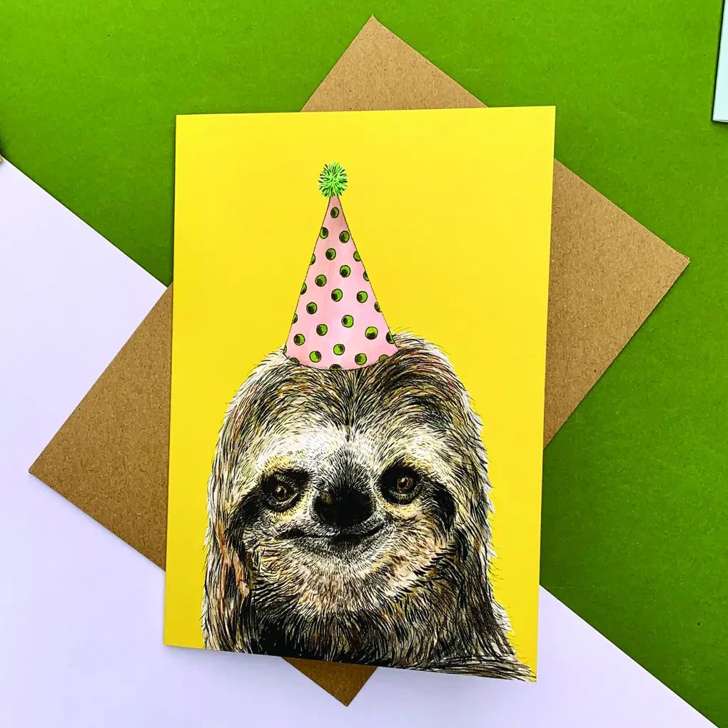 SLOTH PARTY HAT YELLOW | CARD BY MAX MADE ME